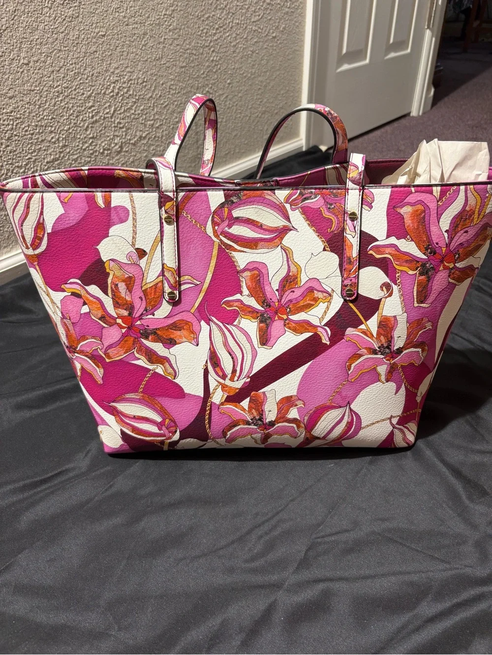 INC International Concepts Pink Floral Print Tote with Orange Accents